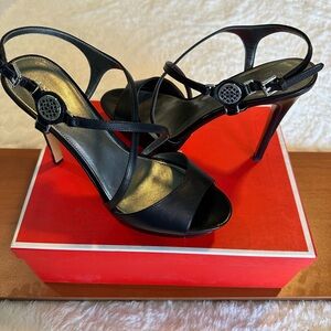 COACH! New, never worn black, heeled dress strap, sandals. Women’s size US 9.5